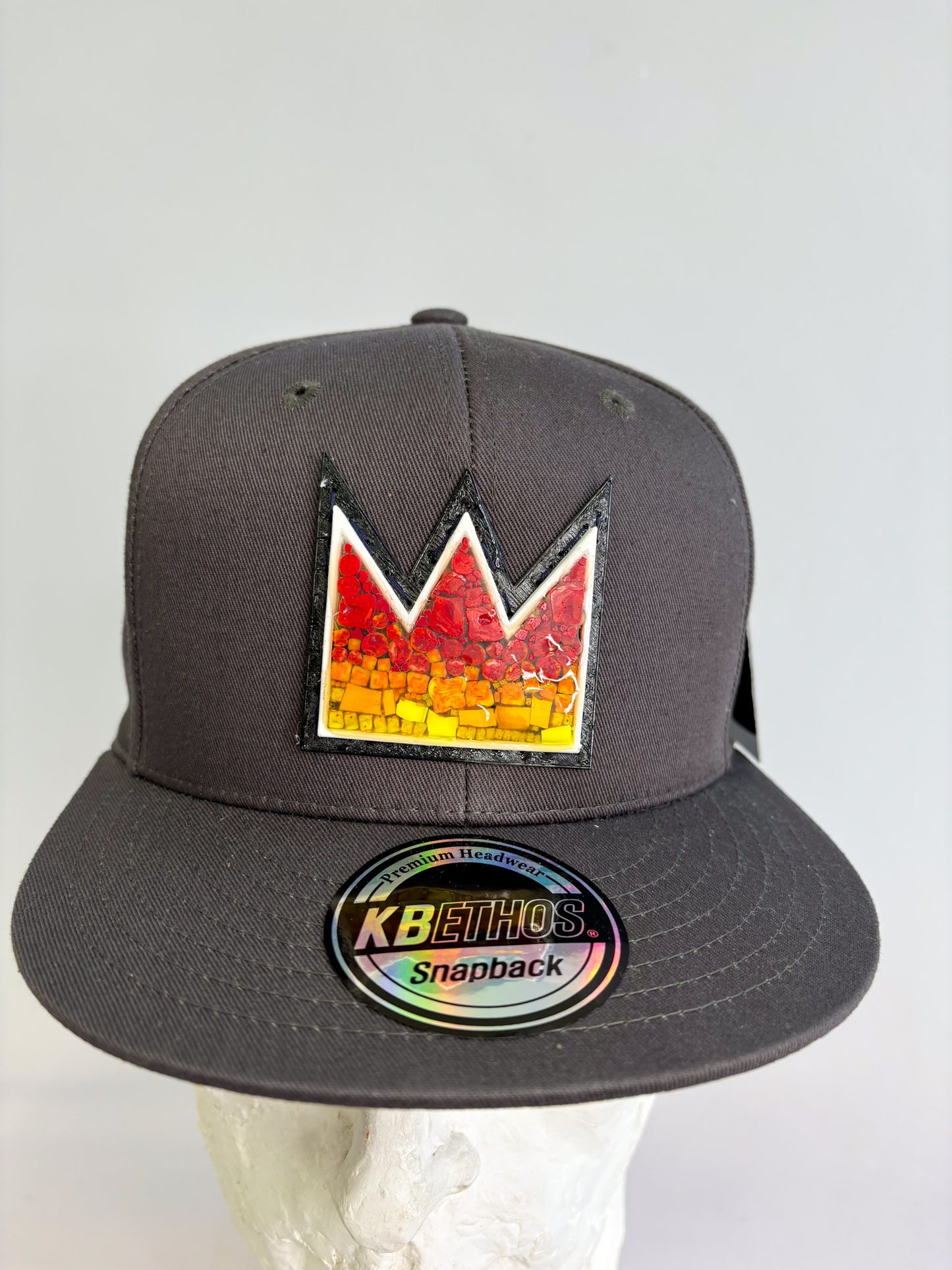 Gray six panel baseball hat with Italian glass mosaic of Basquiat Crown