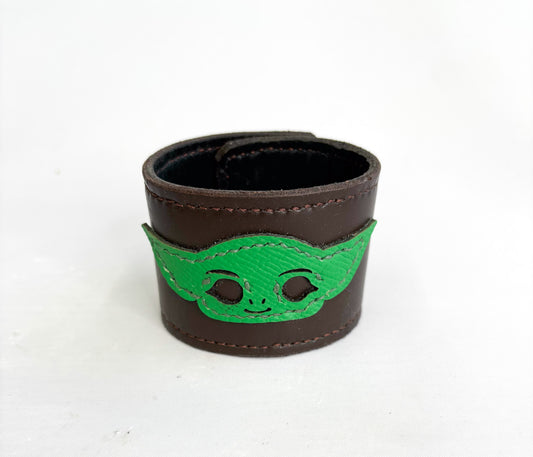 Leather Medium Wide Cuff Bracelet of Baby Yoda