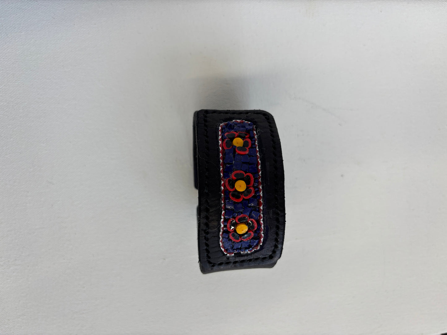 Black Hand stitched glass inlay flower leather cuff