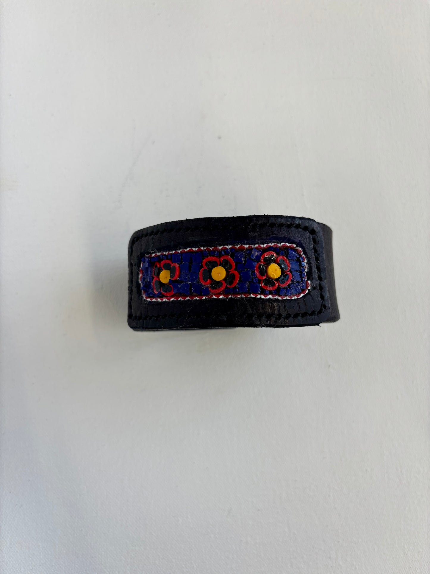 Black Hand stitched glass inlay flower leather cuff