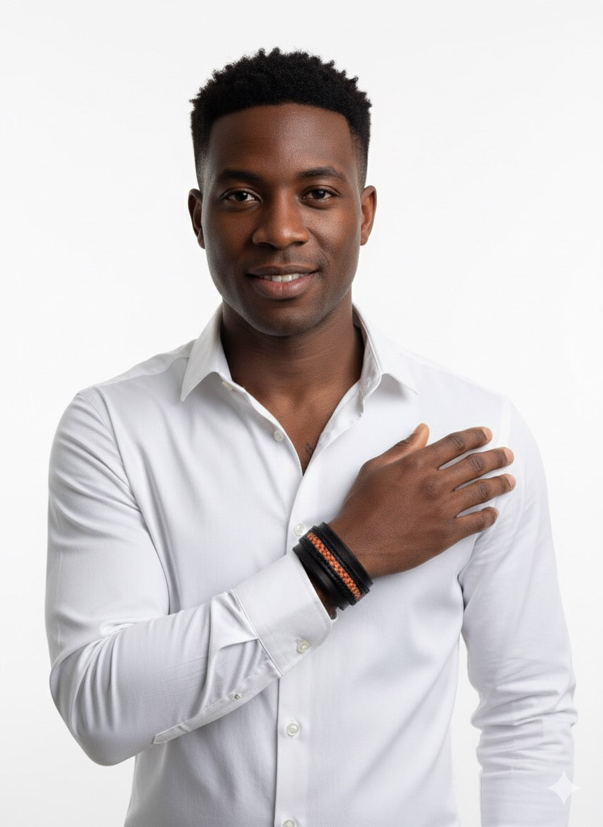 Leather and Micro Mosaic Red/Orange squares Inlay Cuff Style Bracelet