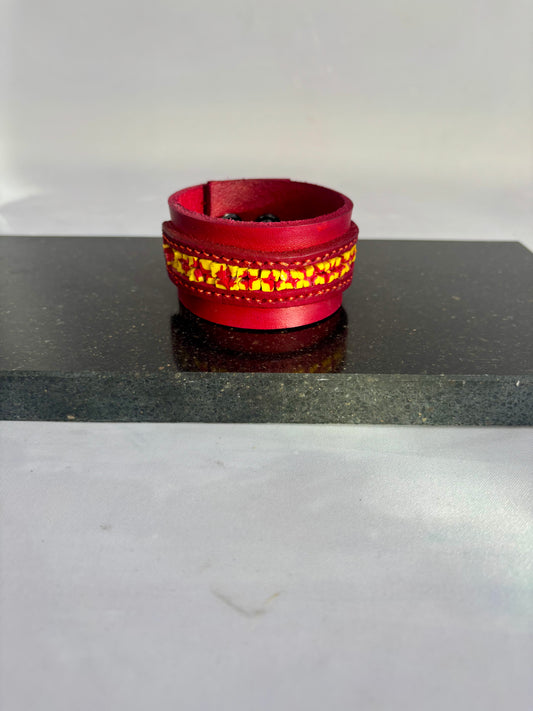Red leather and inlaid Hand Pulled Glass Cuff
