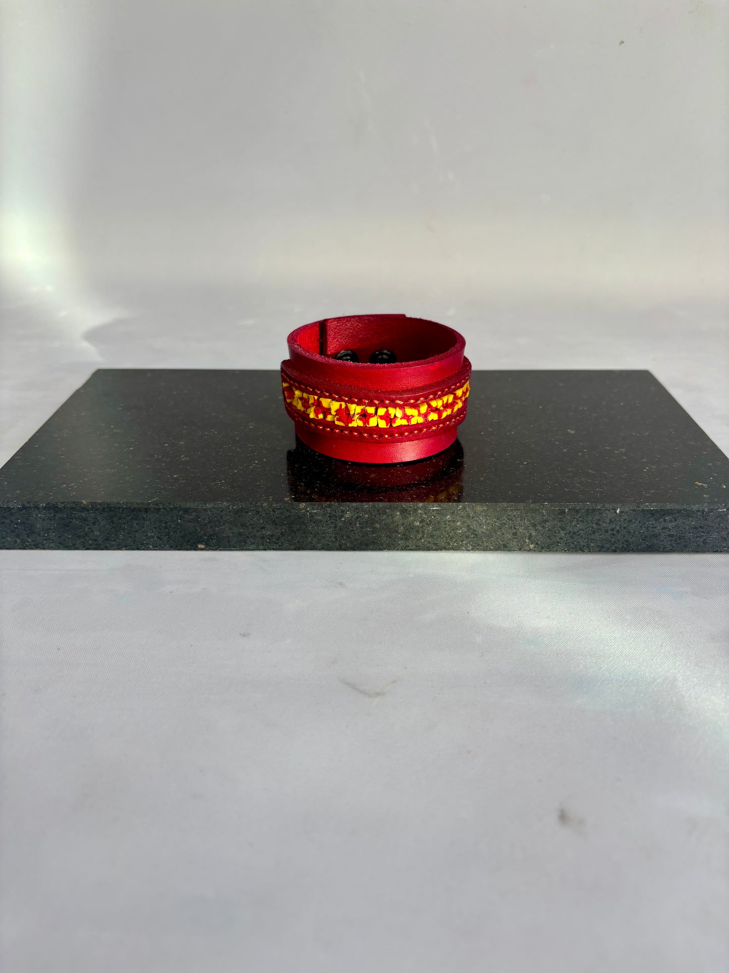 Red leather and inlaid Hand Pulled Glass Cuff
