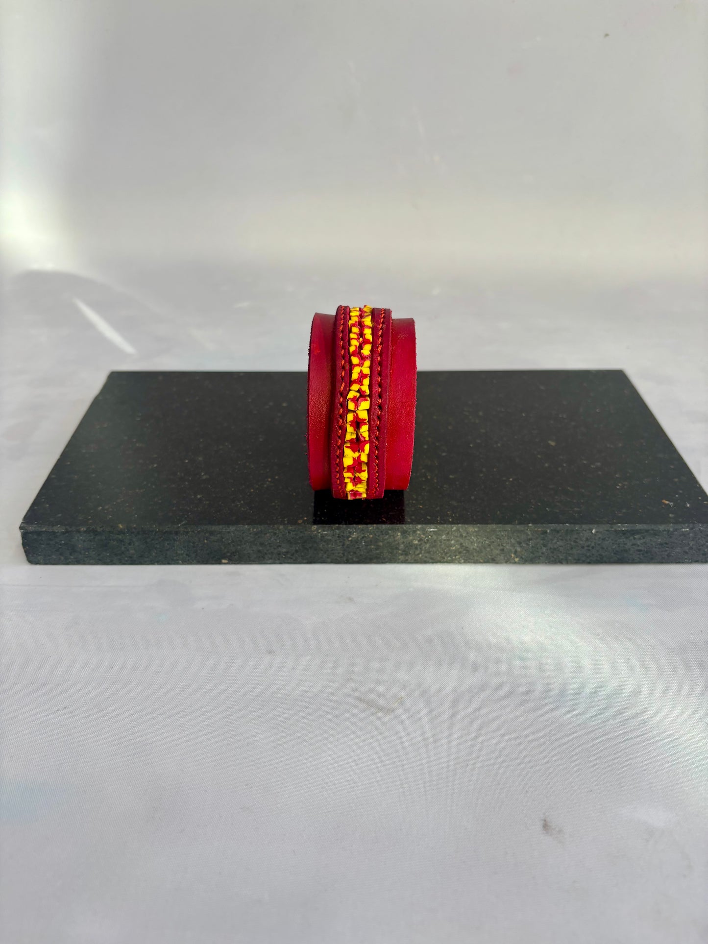 Red leather and inlaid Hand Pulled Glass Cuff