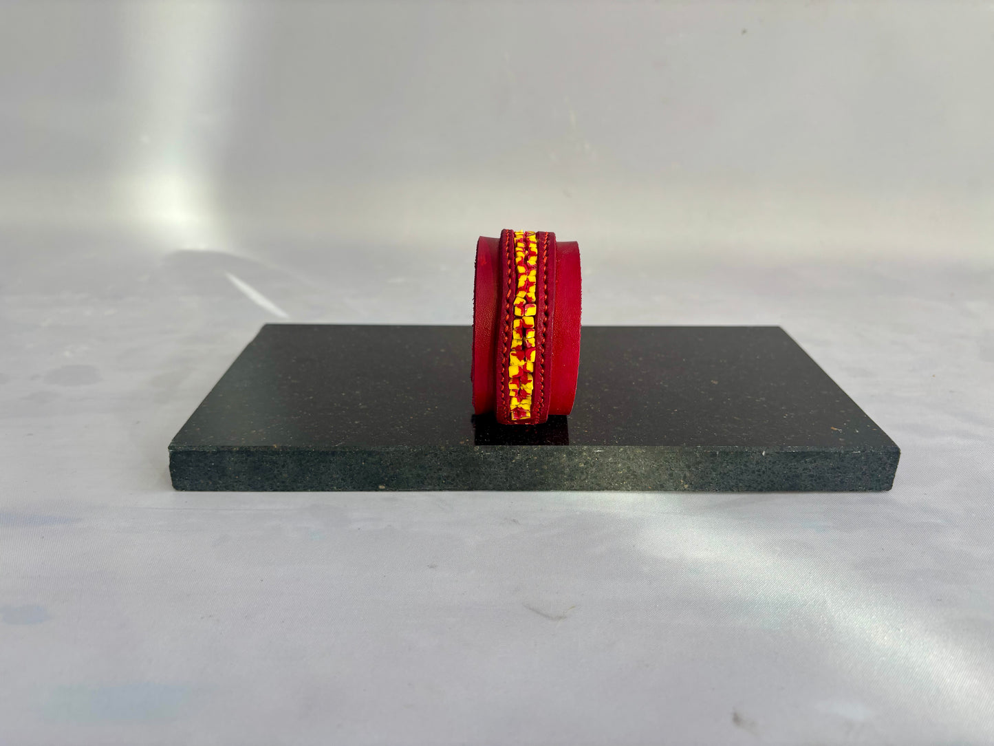 Red leather and inlaid Hand Pulled Glass Cuff