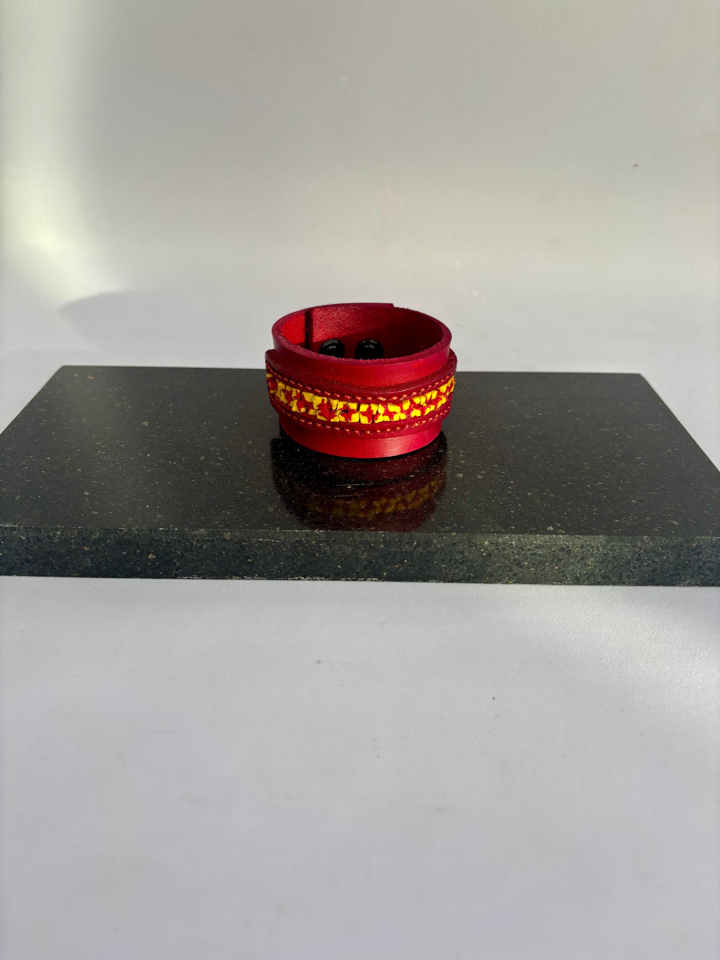 Red leather and inlaid Hand Pulled Glass Cuff