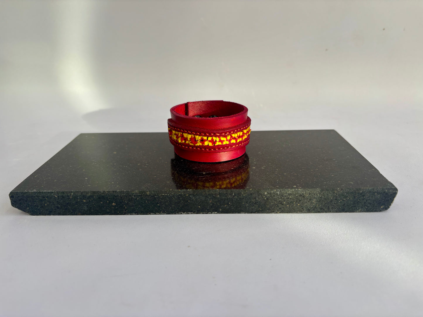 Red leather and inlaid Hand Pulled Glass Cuff