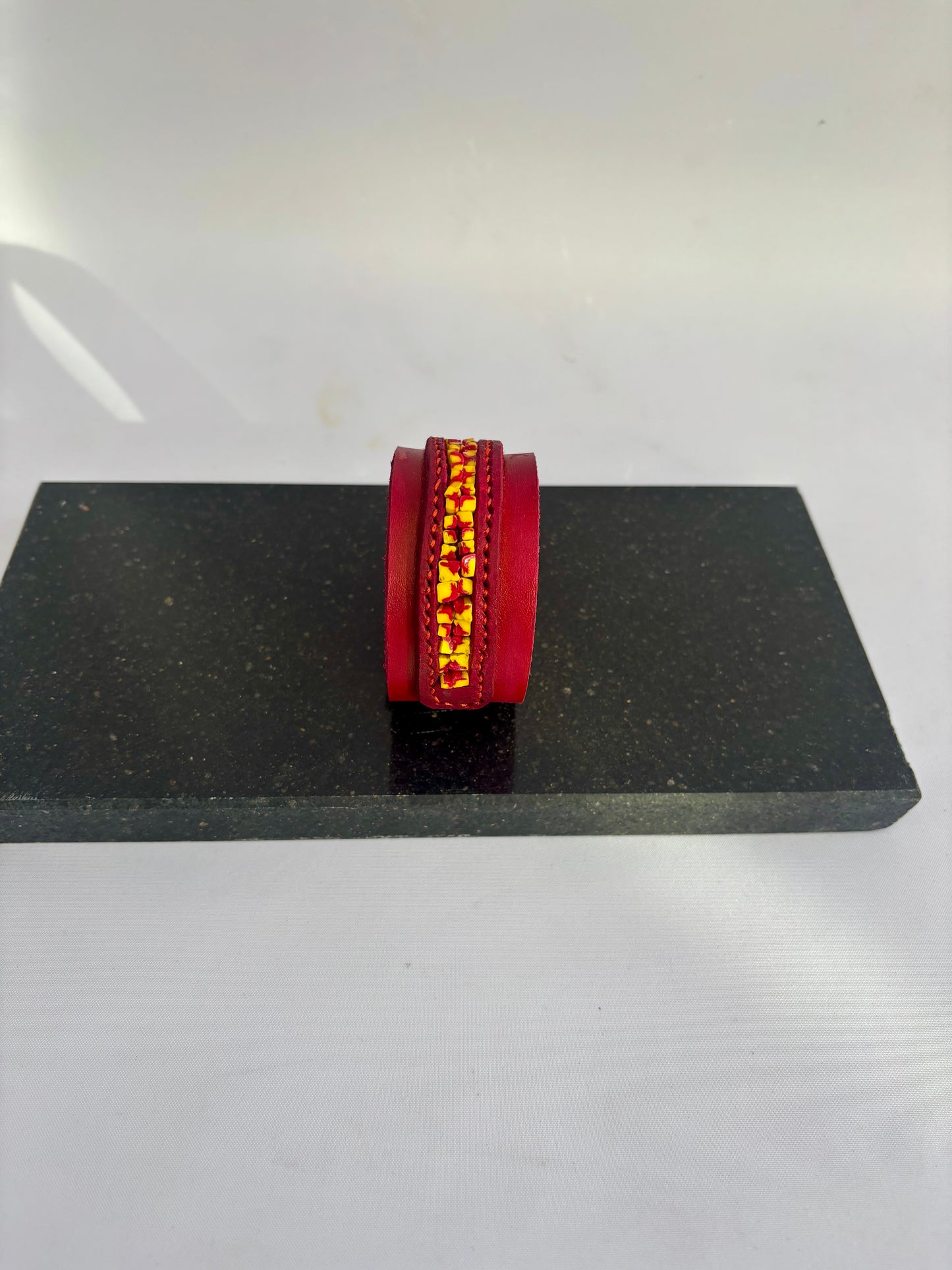 Red leather and inlaid Hand Pulled Glass Cuff