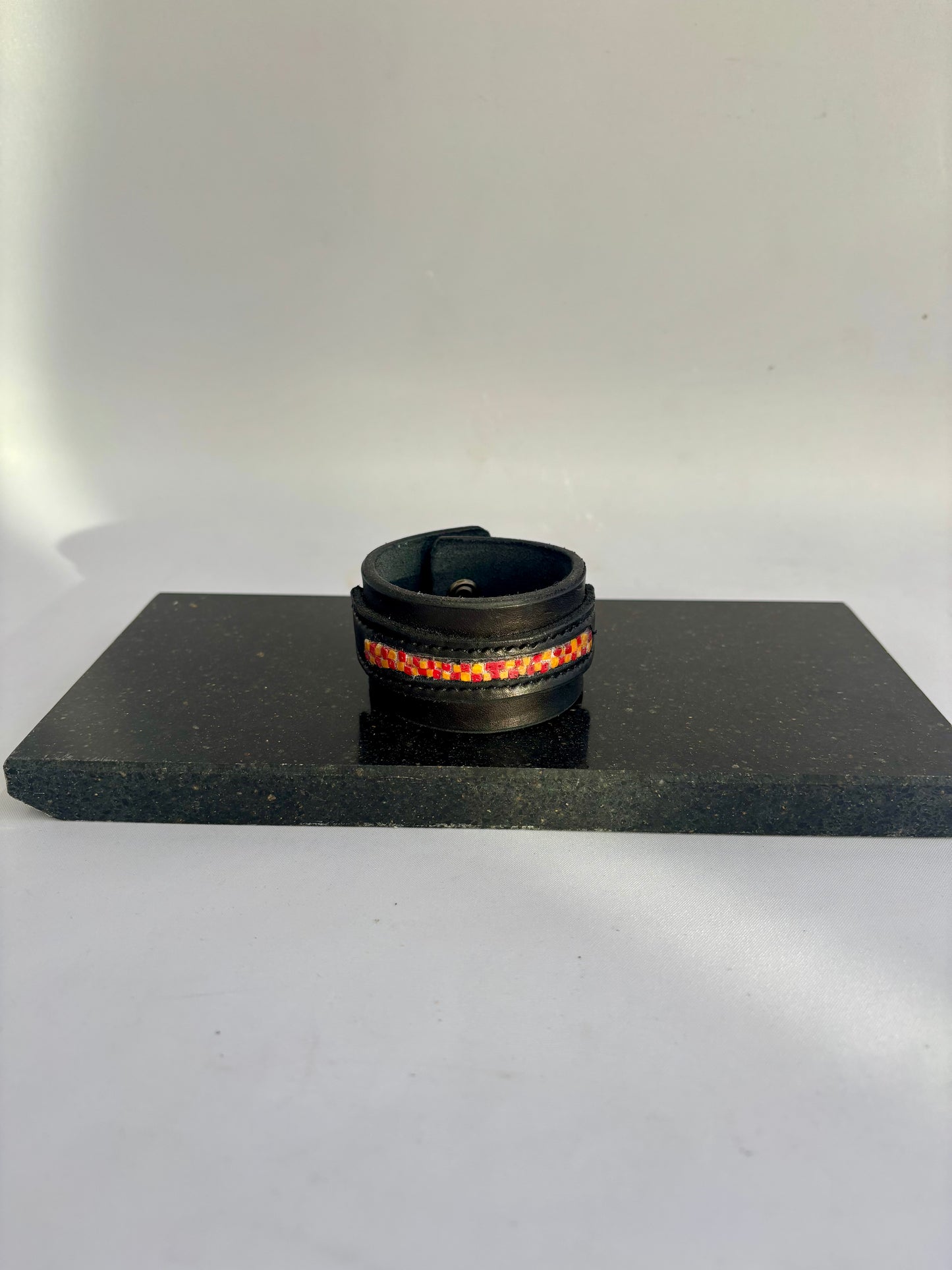 Leather and Micro Mosaic Red/Orange squares Inlay Cuff Style Bracelet