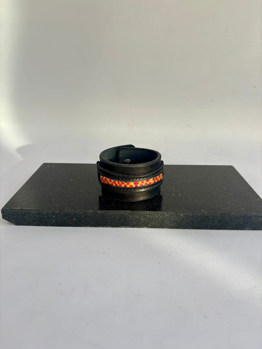 Leather and Micro Mosaic Red/Orange squares Inlay Cuff Style Bracelet