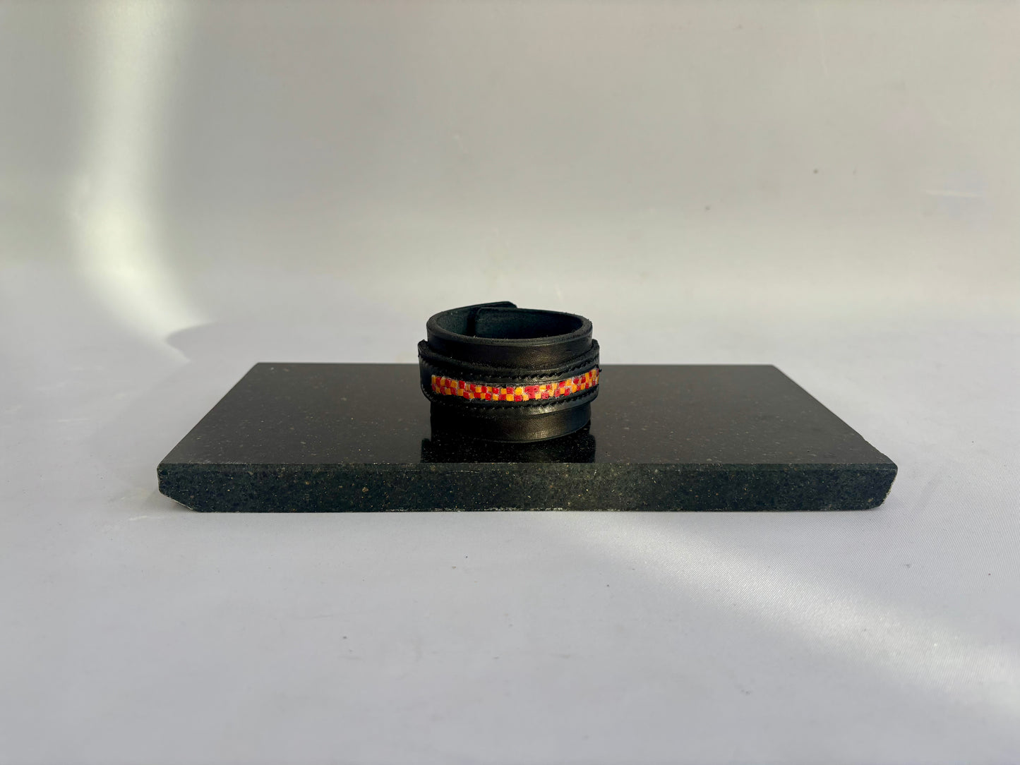 Leather and Micro Mosaic Red/Orange squares Inlay Cuff Style Bracelet