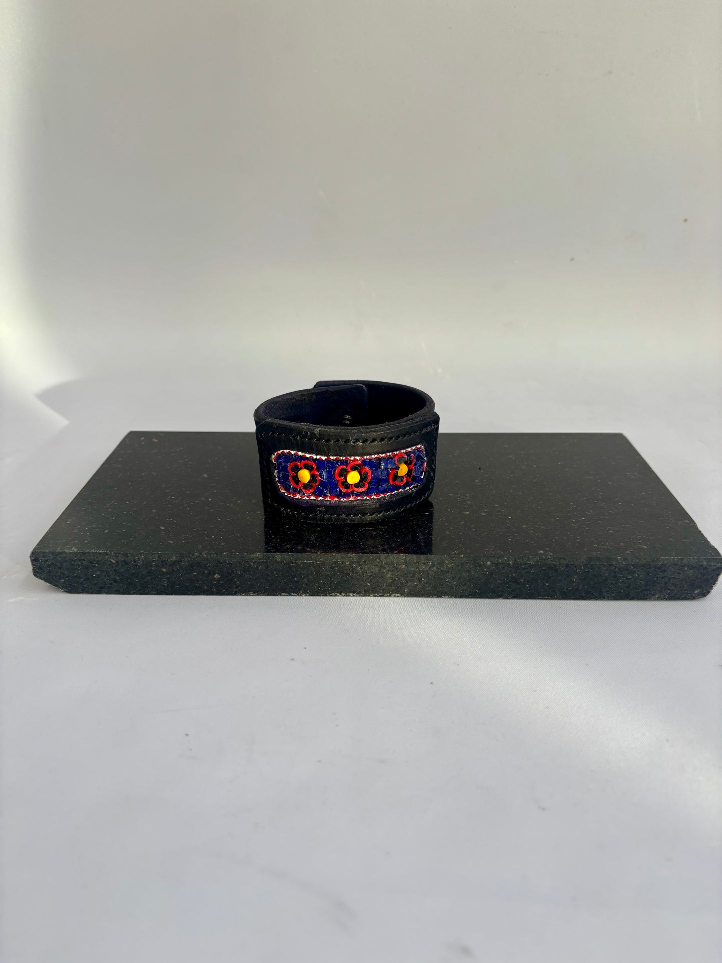 Black Hand stitched glass inlay flower leather cuff