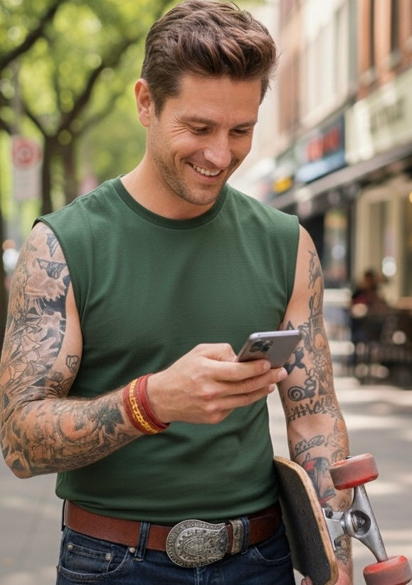 Red leather and inlaid Hand Pulled Glass Cuff