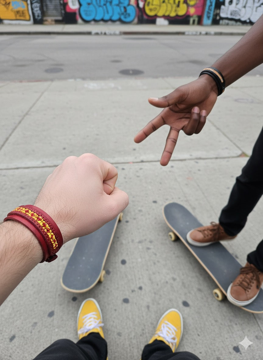 Red leather and inlaid Hand Pulled Glass Cuff