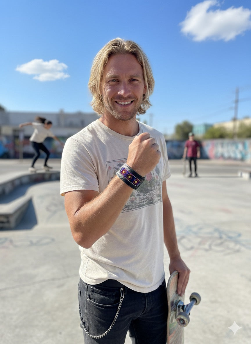 Black Hand stitched glass inlay flower leather cuff