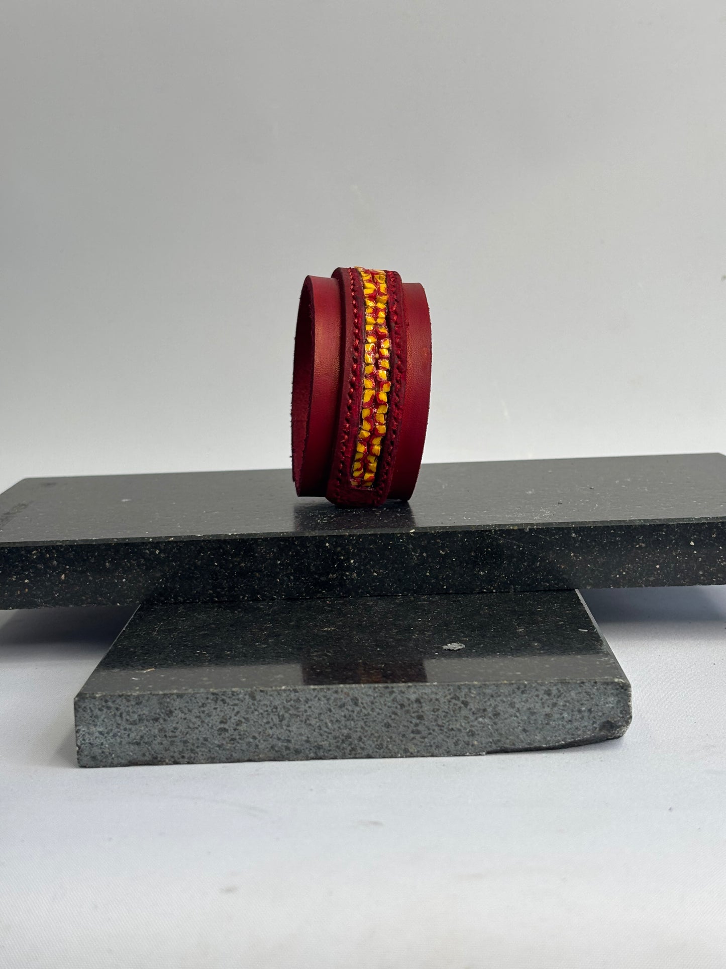 Red leather and inlaid Hand Pulled Glass Cuff