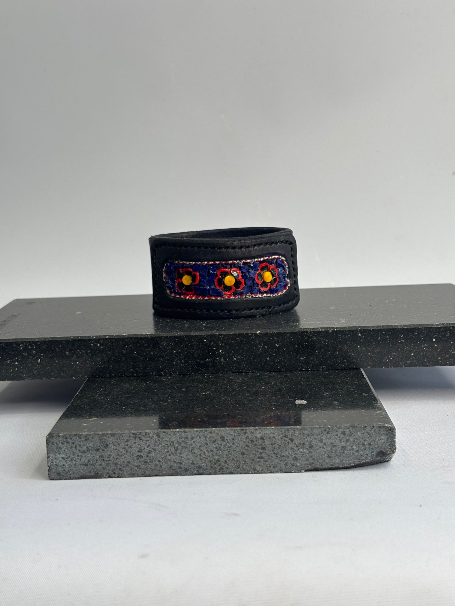 Black Hand stitched glass inlay flower leather cuff