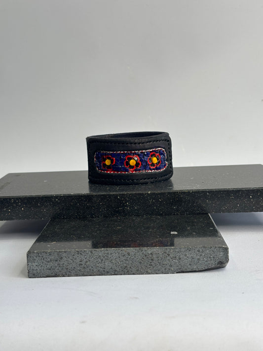 Black Hand stitched glass inlay flower leather cuff