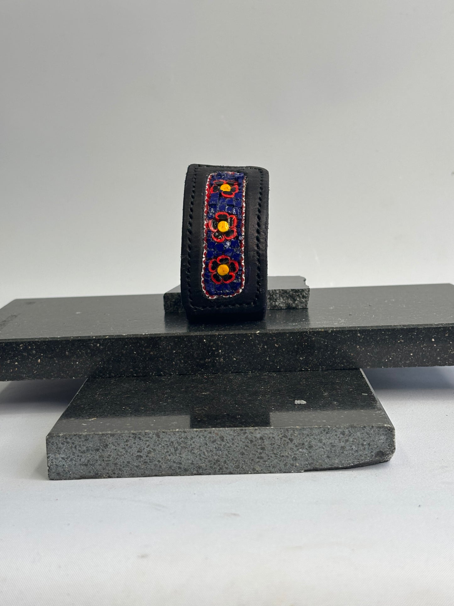 Black Hand stitched glass inlay flower leather cuff