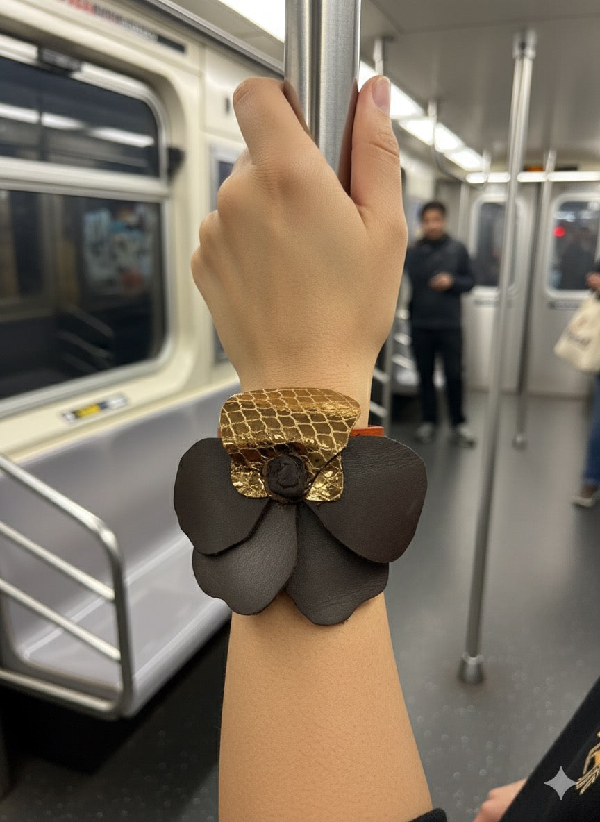 Brown and gold Leather Pansy Girls Bracelet