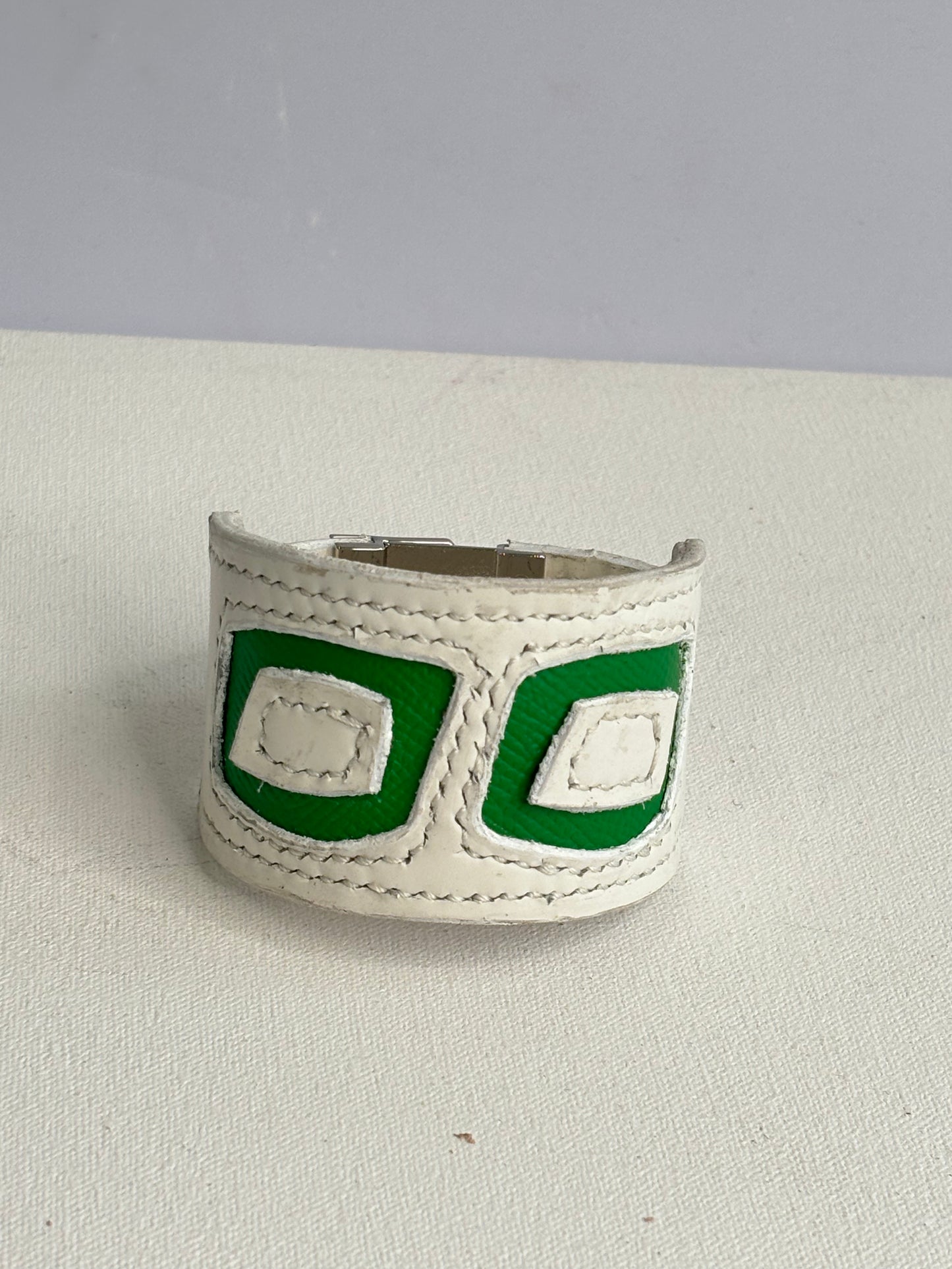 White and Green Geometric Square leather cuff
