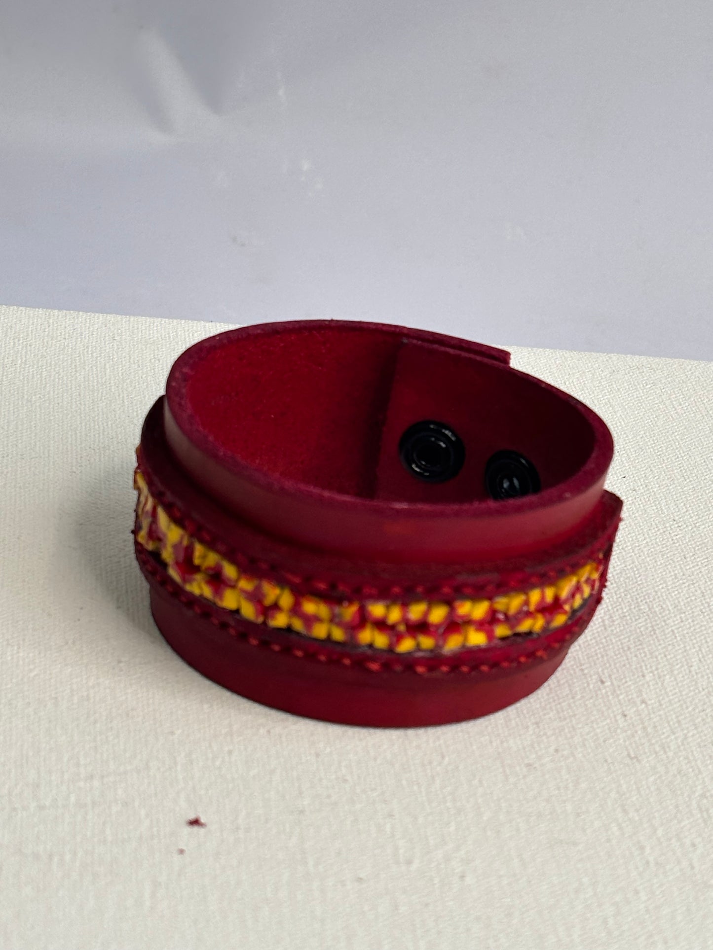 Red leather and inlaid Hand Pulled Glass Cuff