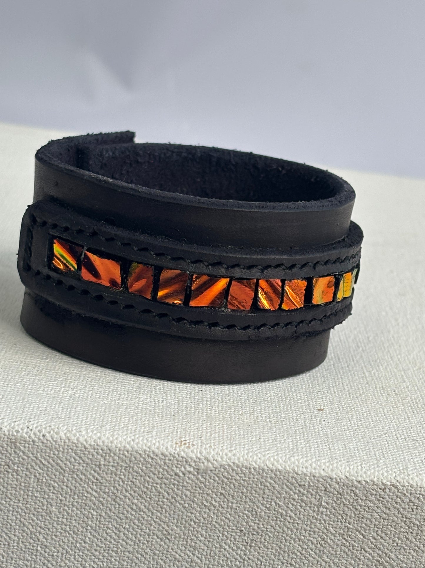 Leather Dichroic Glass Leather Cuff Braclet
