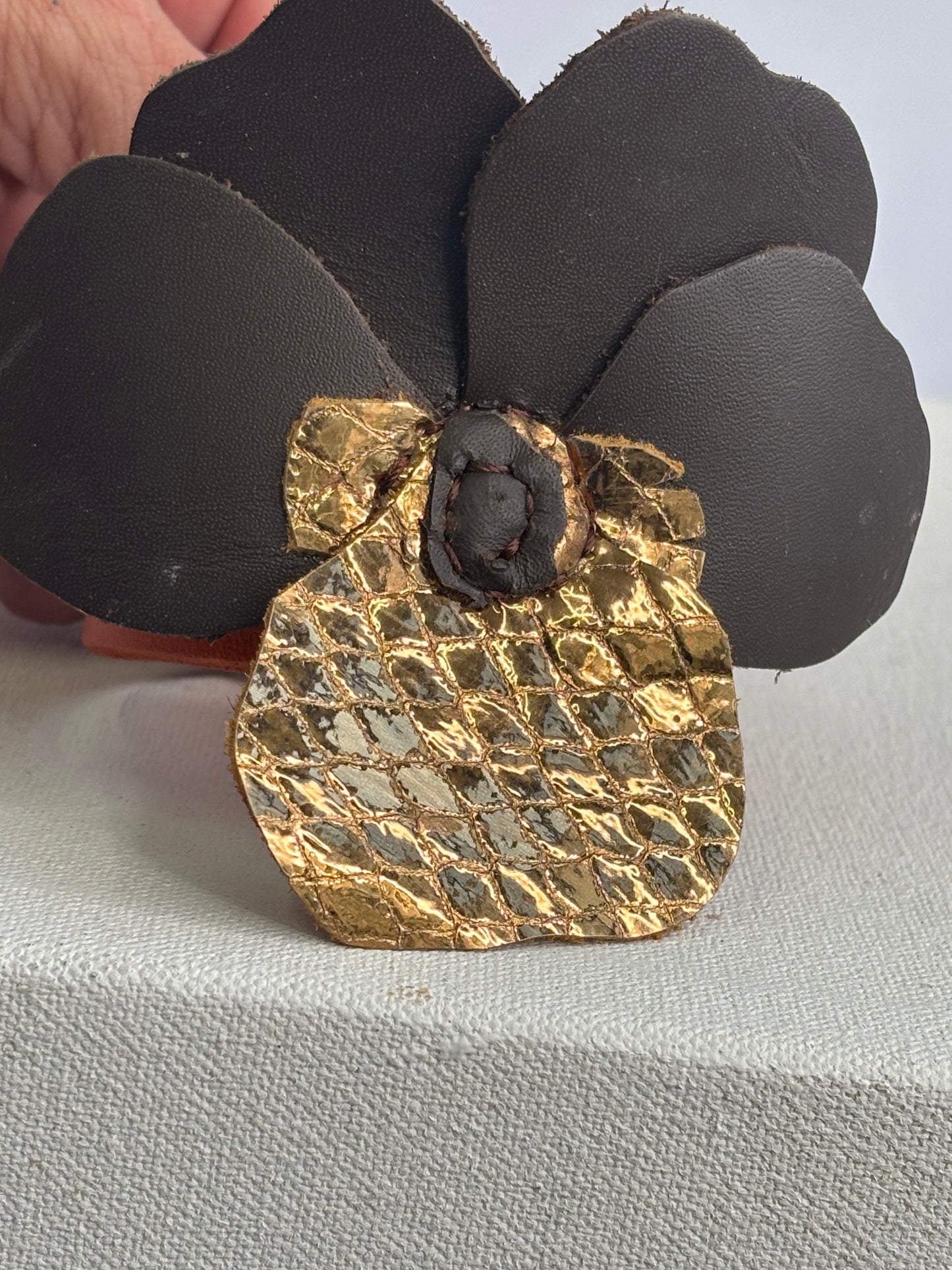 Brown and gold Leather Pansy Girls Bracelet