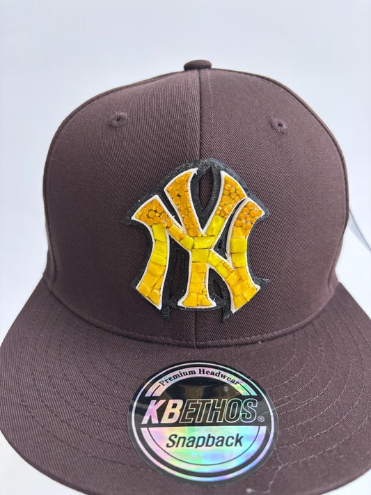 Adjustable Dark brown 6 panel baseball cap Yellow glass Micro mosaic Yankees logo