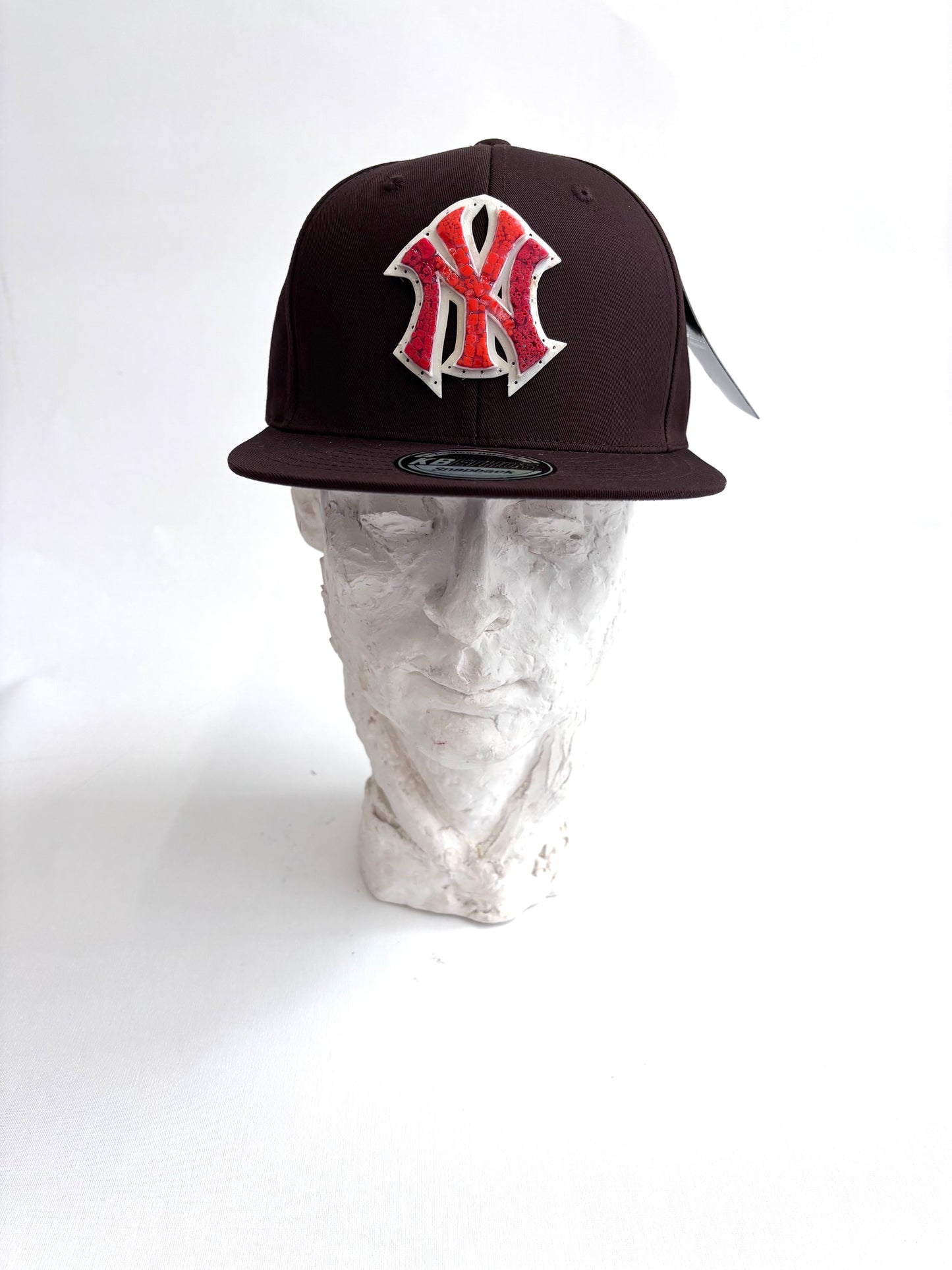 Adjustable Dark brown 6 panel baseball cap with Red and Orange Micro Mosaic Yankees Logo