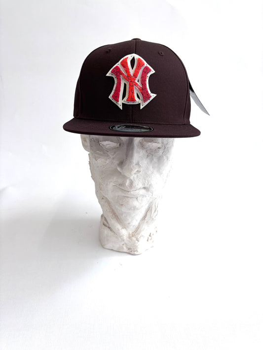 Adjustable Dark brown 6 panel baseball cap with Red and Orange Micro Mosaic Yankees Logo (Copy)