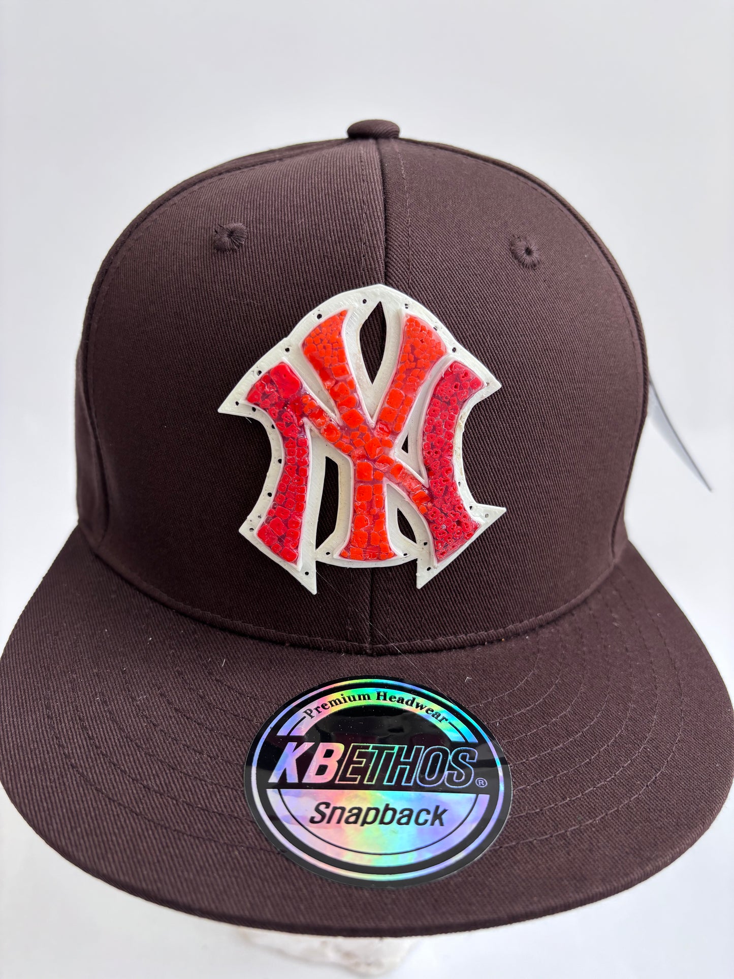 Adjustable Dark brown 6 panel baseball cap with Red and Orange Micro Mosaic Yankees Logo