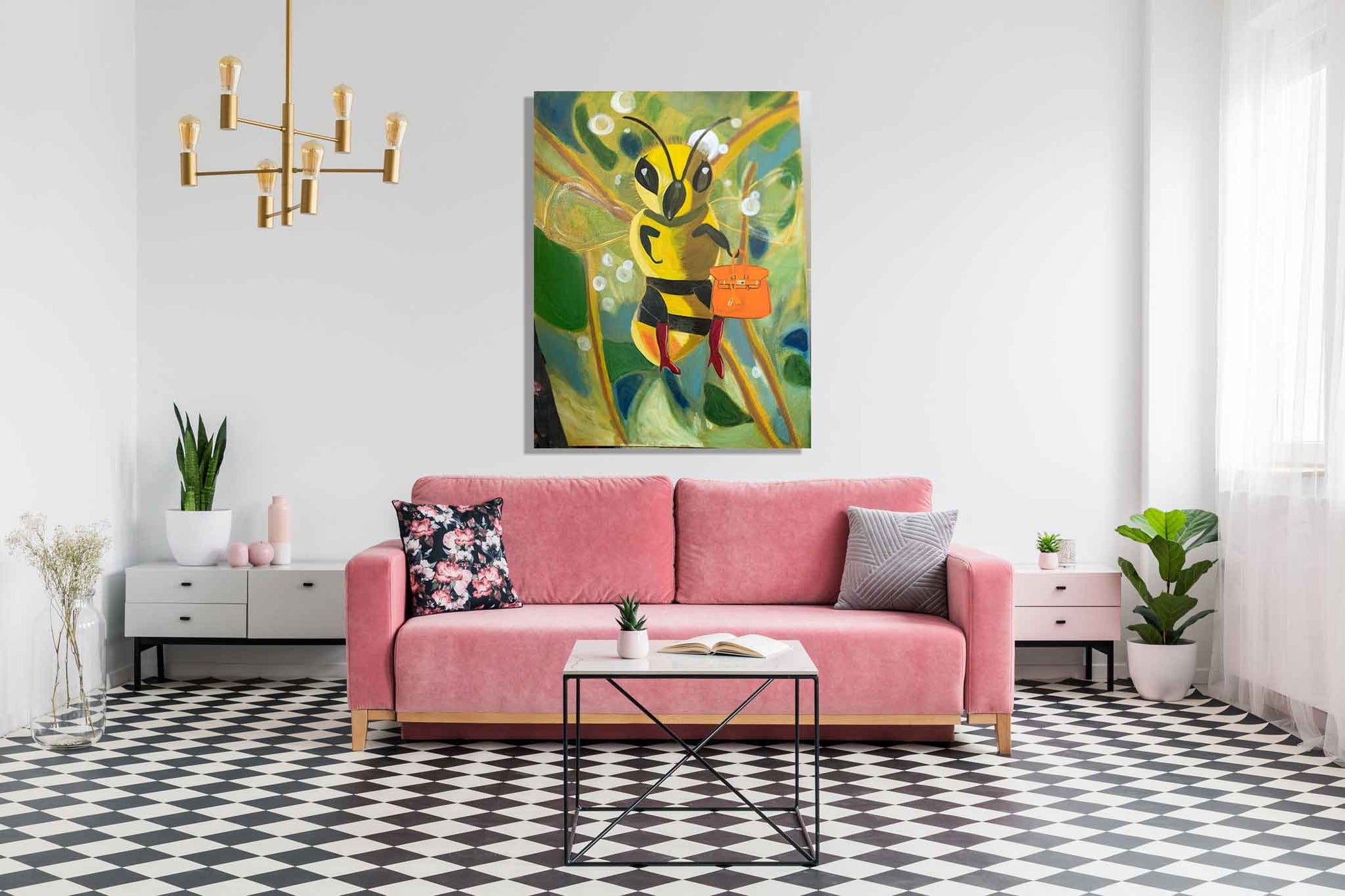 painting of hookerbee with a birkin bag in a living room with a pink sofa and checkered floor