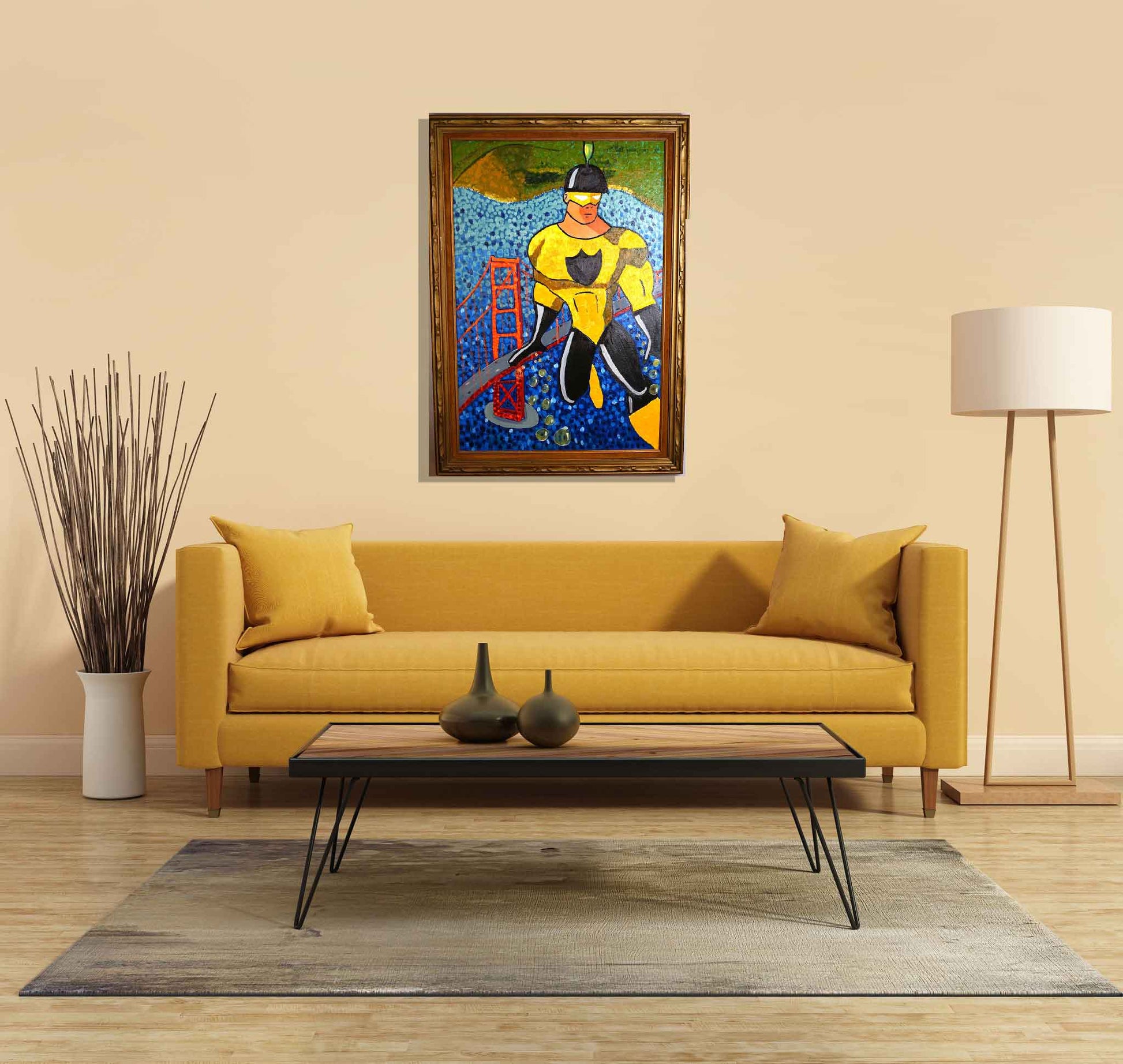 oil painting of champagnolo in a living room with a modern mustard sofa