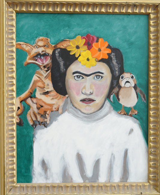 Frida and her Intergalactic Pets Framed Oil Painting