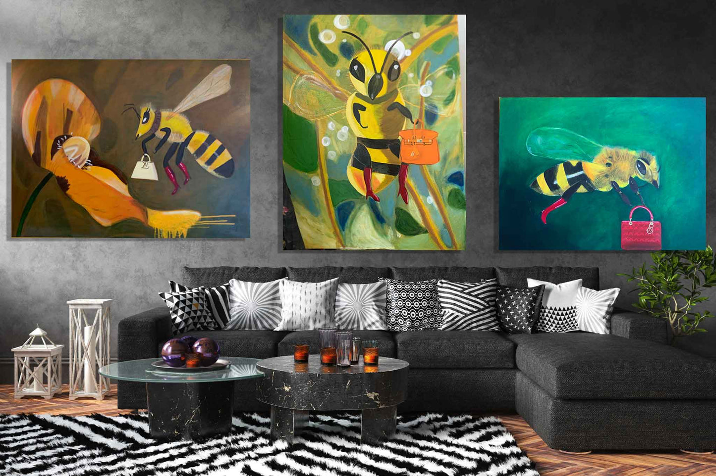 3 oil paintings of hookerbees carrying designer bags in an elegant living room with a charcoal sofa