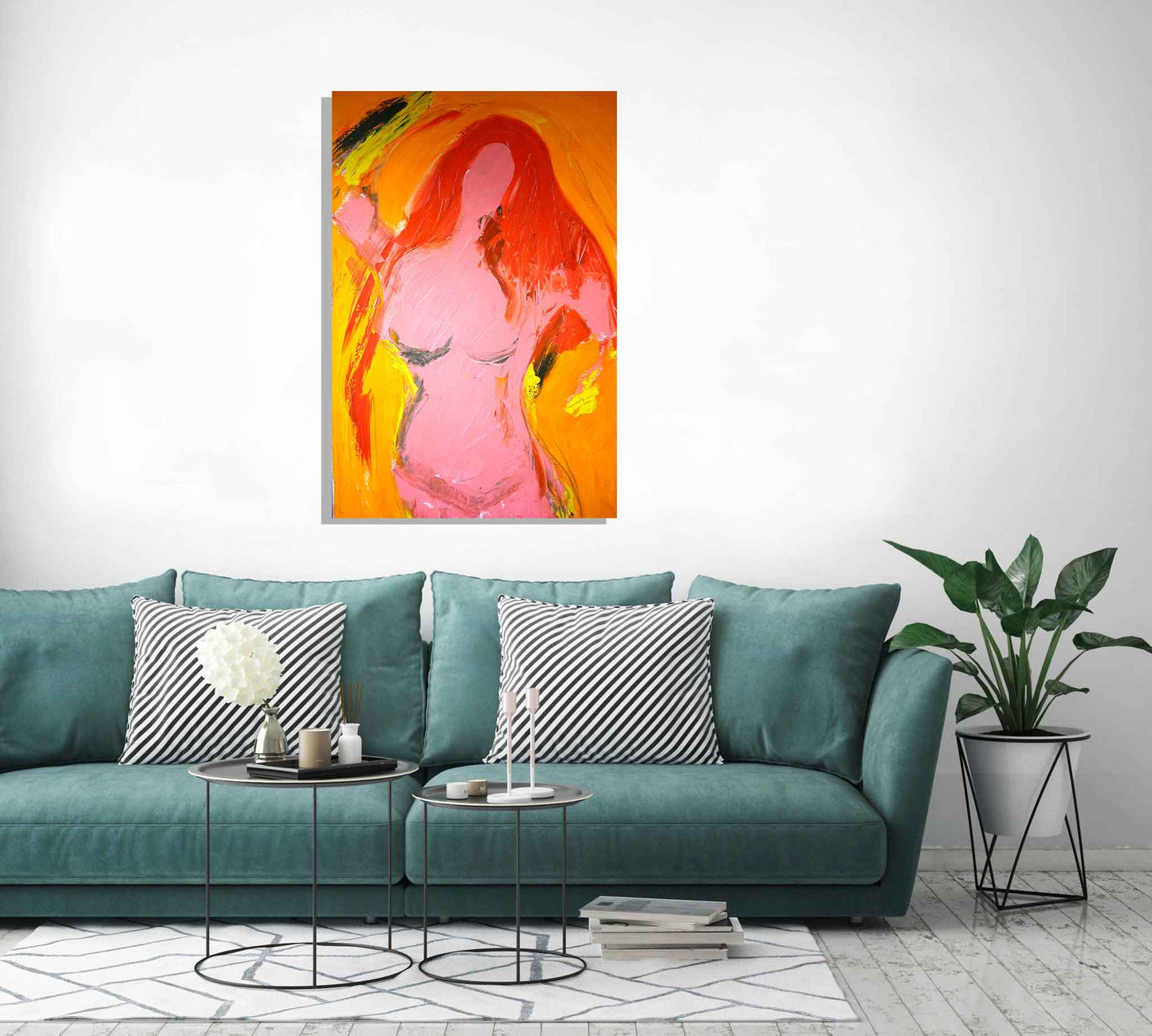 elegant living room with green sofa and a painting of a nude woman with red-orange hair and orange background