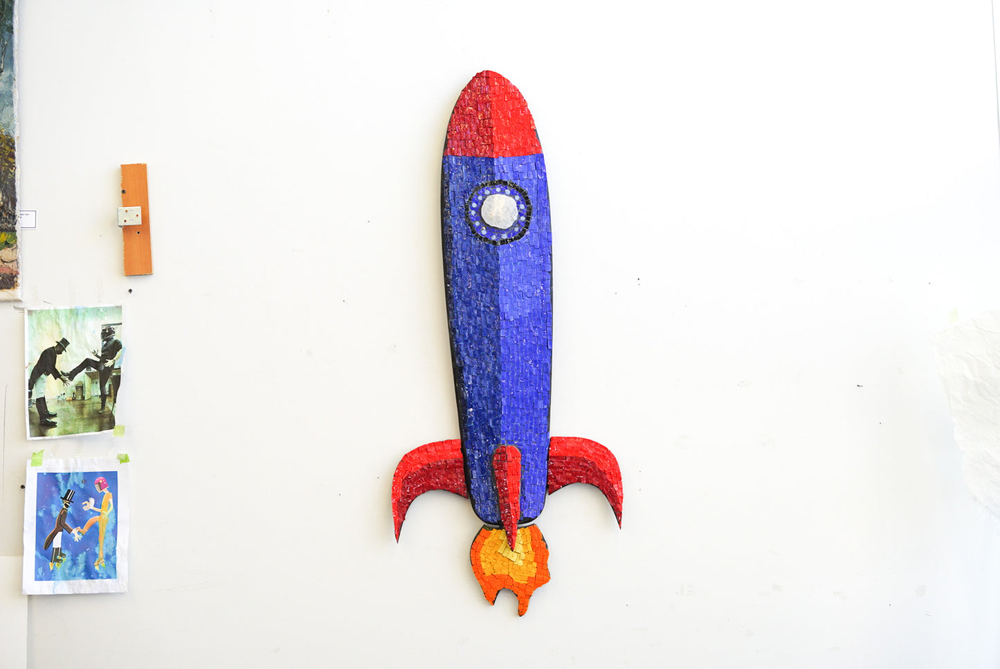 To the Moon! Retro Rocket ship Mosaic on Longboard