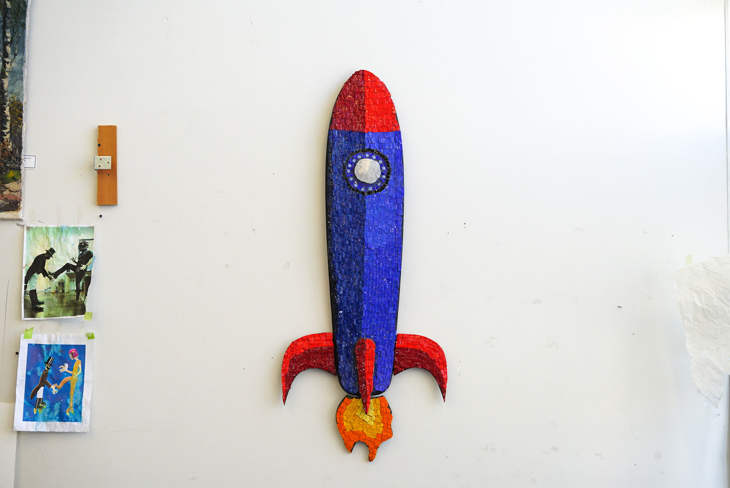 To the Moon! Retro Rocket ship Mosaic on Longboard