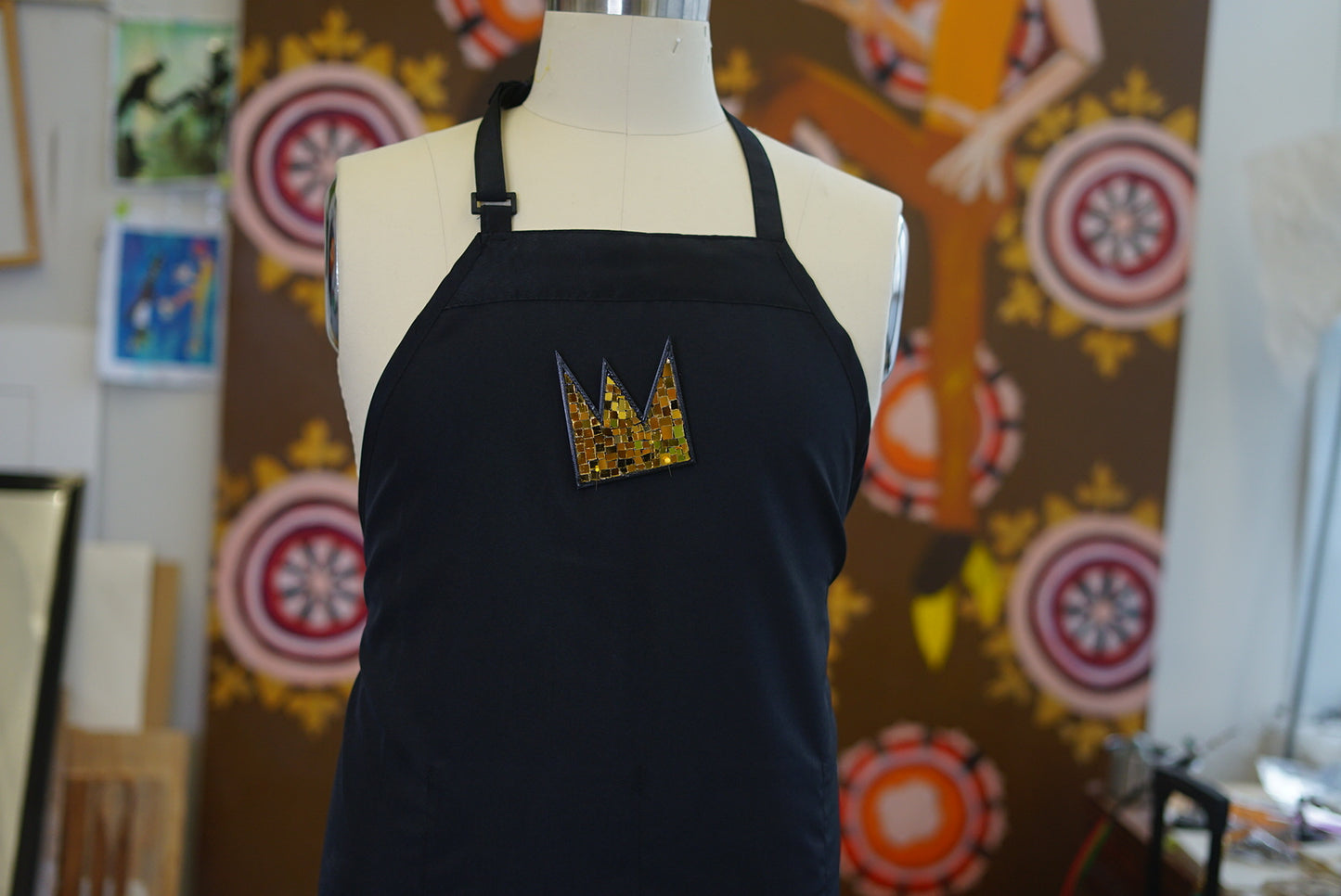 basquiat gold crown black apron