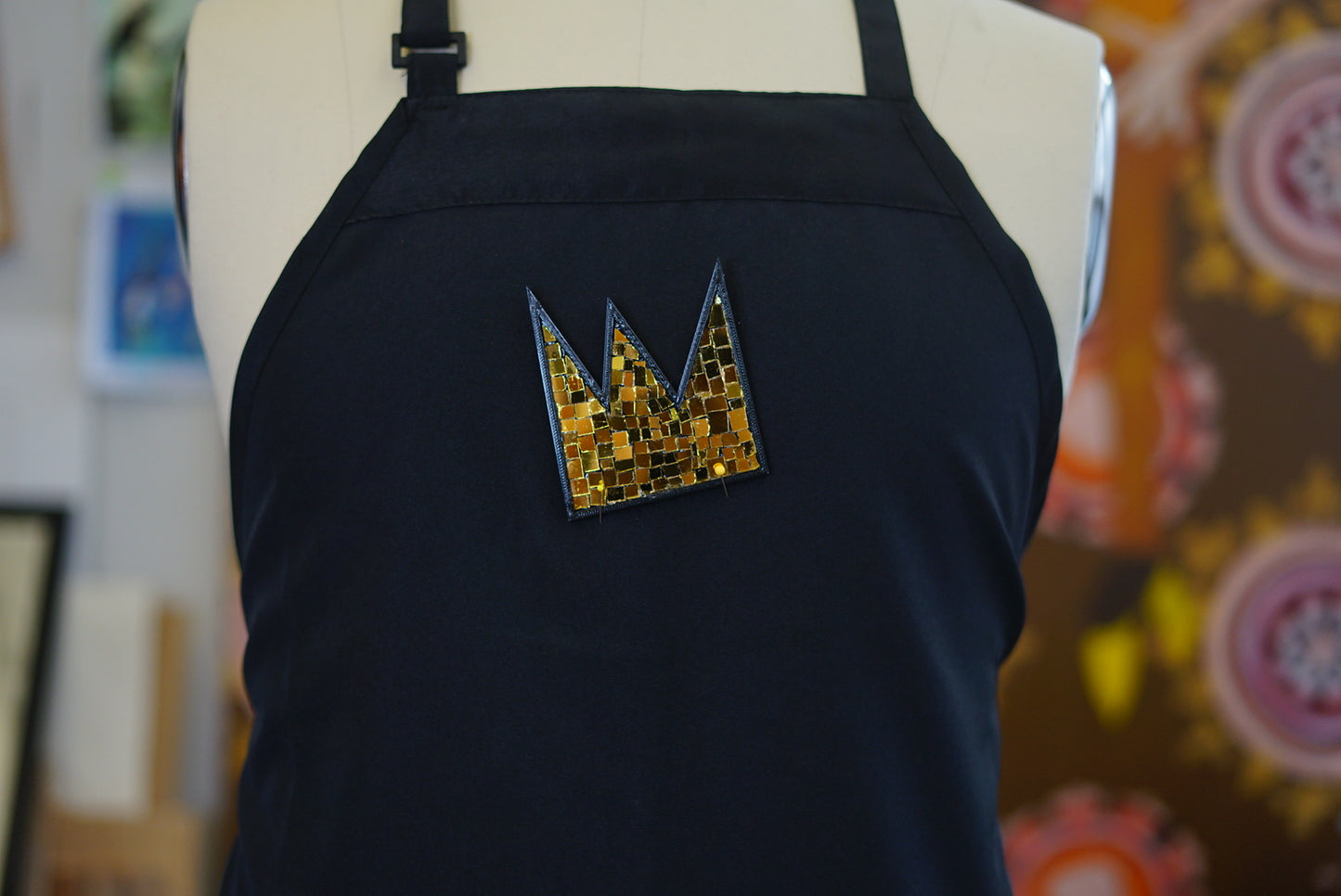 basquiat gold crown black apron