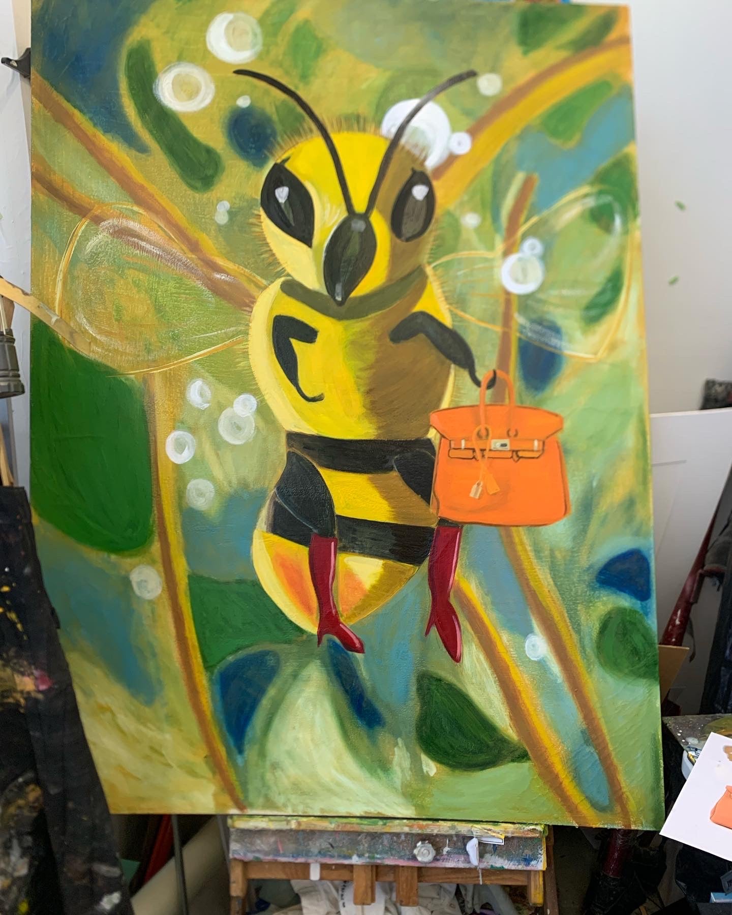 painting of a hookerbee facing viewer carrying a birkin bag and wearing red boots