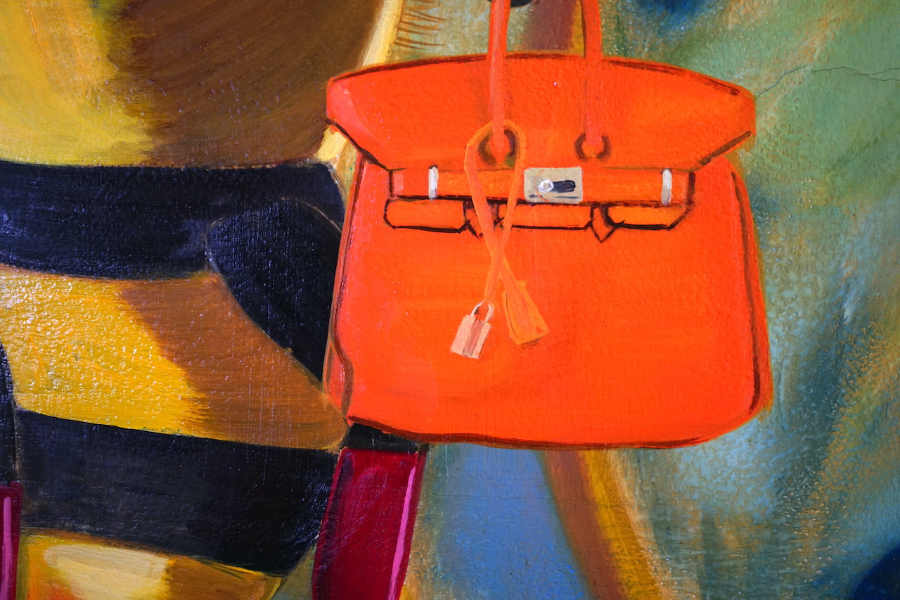 detail of a hookerbee painting showing an orange hermes birkin bag